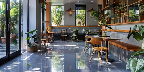 earth-toned incredible boutique hotel with flat glossy gray painted flooring 
