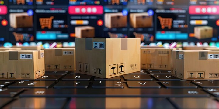 dropshipping website concept with cardboard boxes in a small warehouse