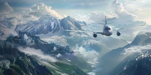 commercial jumbo jet airliner flying over the natural open landscape