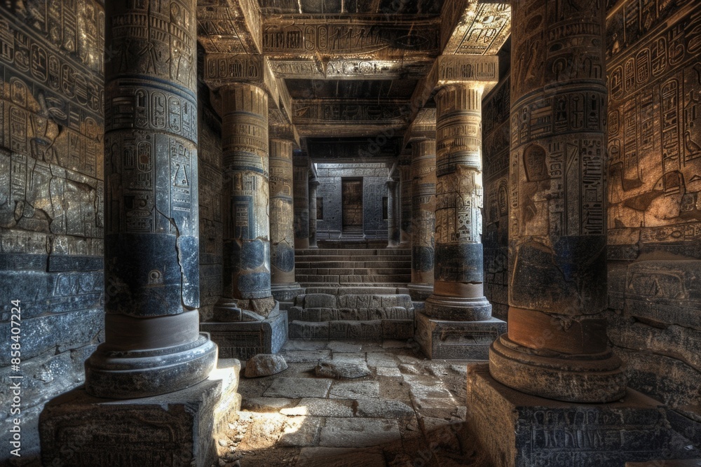 Poster a stone structure with columns and a doorway, perfect for architectural or landscape use