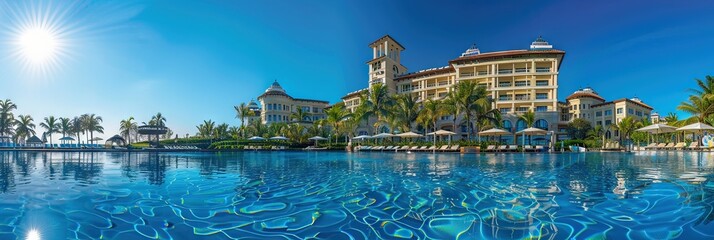 Front image of a big hotel. wide angle. sunny luxury hotel with a beach