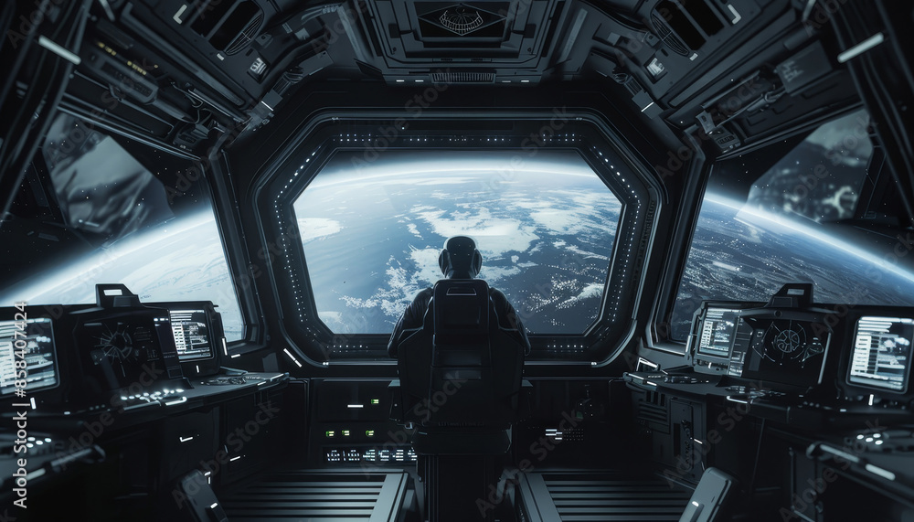 Sticker a man is sitting in a spaceship cockpit looking out at the earth by ai generated image