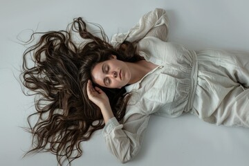 Fototapeta premium A woman lies on the floor with her hair blowing in the wind, a simple yet powerful scene