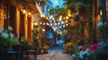 Cozy street scene with potted flowers and festive lights at dusk