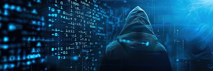 hacker background with anonymous figure in a hoodie surrounded by dark digital data