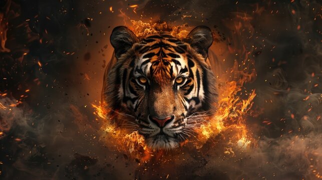 A tiger engulfed in flames on a dark black background