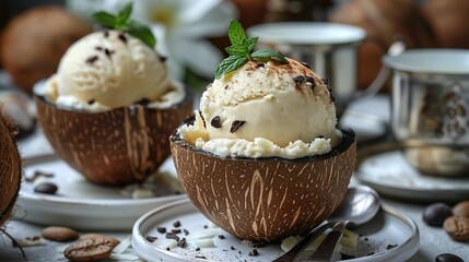   A plate holds two cups of ice cream and a cup of coffee with a spoon nearby
