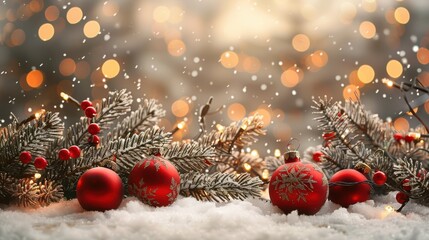 A Christmas tree with red ornaments and snow on the ground