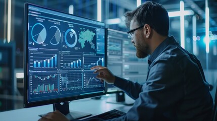 Analyst utilizes technology for business analysis and data management, connecting dashboards with KPIs and metrics to databases in finance, operations, sales, and marketing.