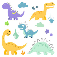 A cute colorful set of dinosaurs. Vivid illustrations of dinosaurs of different natures. Vector graphics of dinosaurs. Isolated on a white background.