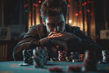 A man sitting at a table with poker chips, great for financial or gaming themed projects