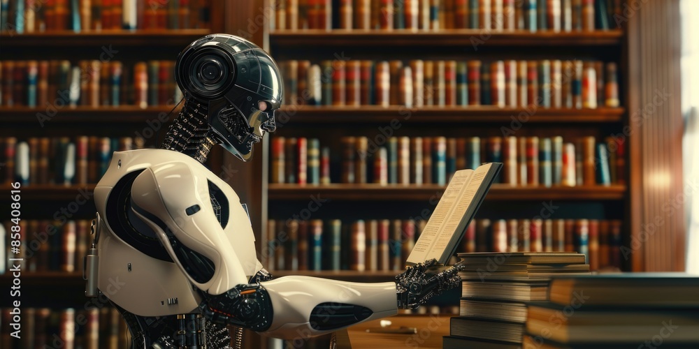 Poster a robot sitting at a table with a book, perfect for illustrations about artificial intelligence, tec