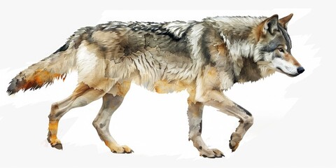 Obraz premium A wolf walks on a white background, a simple and majestic scene