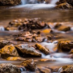 Obraz premium Water cascading over rocks in a rocky stream foreground, small waterfall background