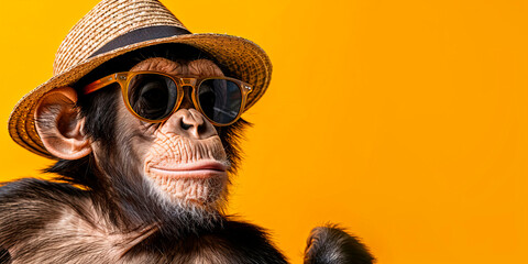 A satisfied monkey in glasses and a straw hat rests on an orange background with copyspace