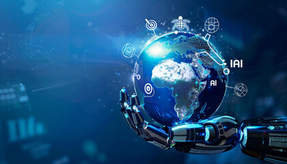 Fototapeta premium A robot is holding a globe with the letters AII on it by AI generated image