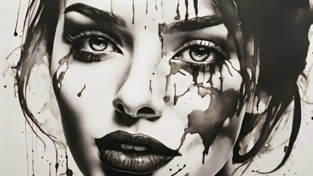 lack coffee stains to create a captivating close-up of a woman's face, accentuating her eyes, lips, and cheekbones with contrasting black and white shades