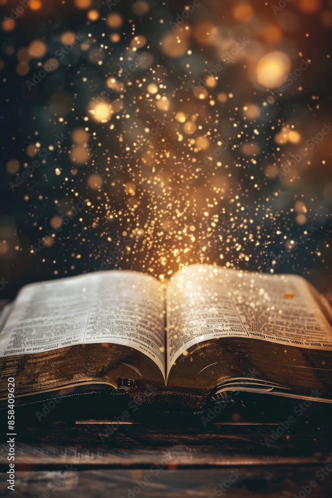 Poster an open book sits on a wooden table with sparkling lights in the background, perfect for use in educ