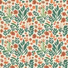 Seamless pattern with decorative flower meadow on a white background. Folk floral print, botanical background with painted wild flowers, leaves, herbs. Vector illustration.