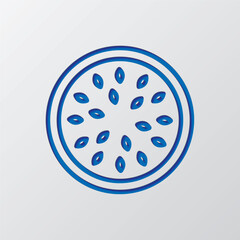 Watermelon round slice simple icon vector. Flat design. Paper cut design. Cutted blue symbol with shadow. Gray background