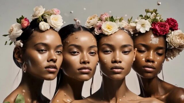 Various models with different skin tones, wearing flowers, shine as droplets of water trickle down their faces, showcasing genuine, organic beauty