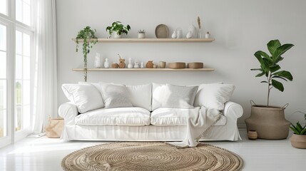 A white couch sits in a living room with a white wall and a window