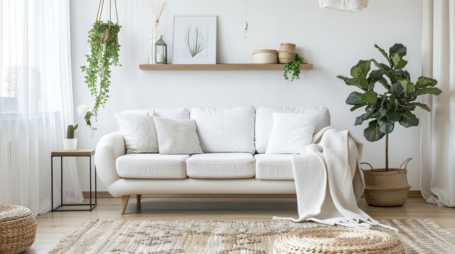 A living room with a white couch, a white blanket, and a white throw