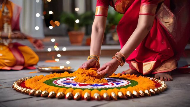 Close-up of an Indian woman creating a Pookalam (flower arrangement) in front of her house, showcasing traditional art and culture.