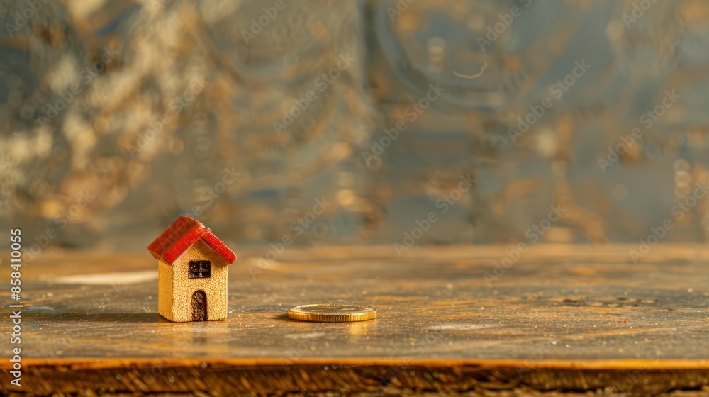Aufkleber a coin and a tiny house arranged on a surface with ample space for text or graphics, symbolizing the