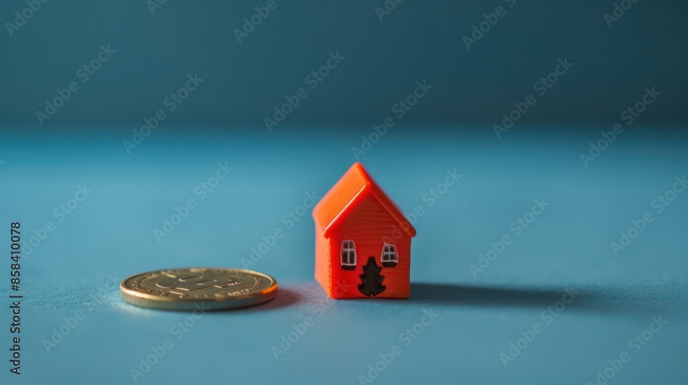 Aufkleber a coin and a tiny house arranged on a surface with ample space for text or graphics, symbolizing the