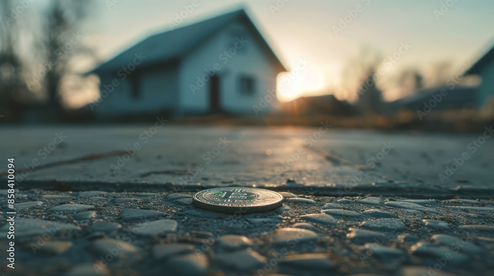 Aufkleber a coin placed on a surface with a small house in the background, against a neutral backdrop ideal fo