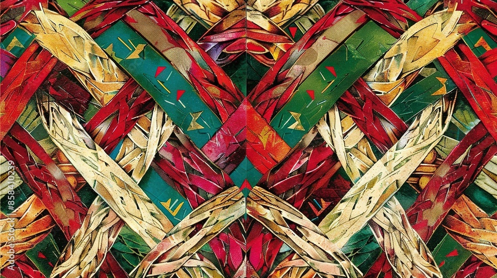 Poster   A macro shot of a multi-hued design crafted from rolls of paper and tissue paper strips