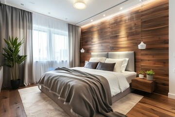 Cozy contemporary bedroom with elegant wooden paneling and soft lighting
