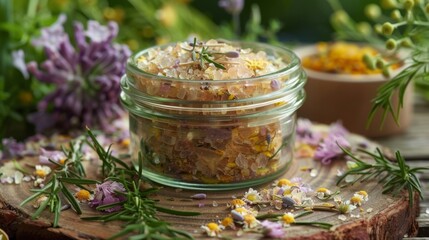 A close-up image of a glass jar filled with herbal bath salts, with rosemary, lavender, and chamomile petals visible. The jar sits on a rustic wooden surface, surrounded by scattered petals.