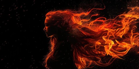 A portrait of a woman with vibrant red hair featuring flames, suitable for fantasy or sci-fi themed projects