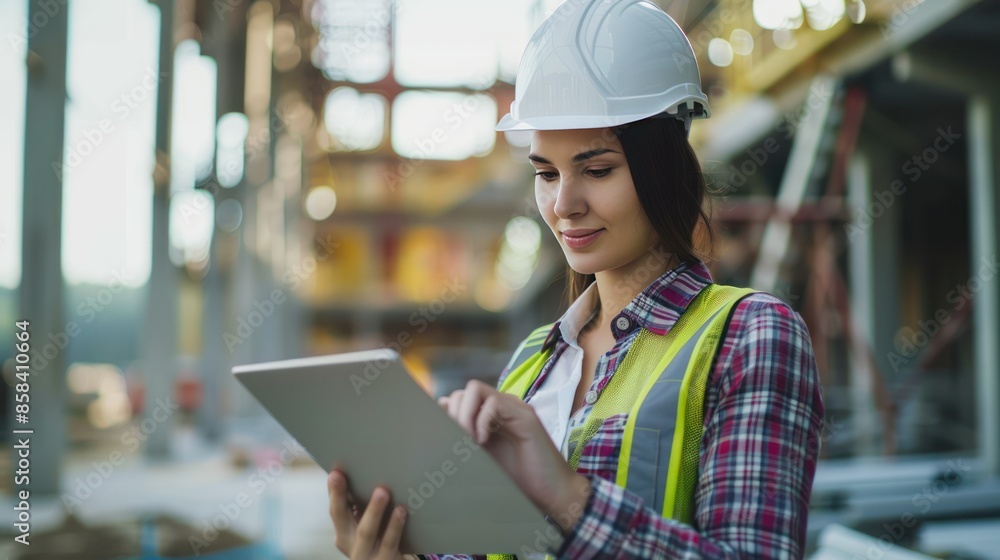 Poster a confident female architect or engineer using a tablet to oversee construction progress, with a cop