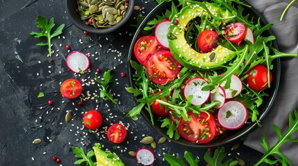 Fresh green salad with avocado, tomatoes, and radishes