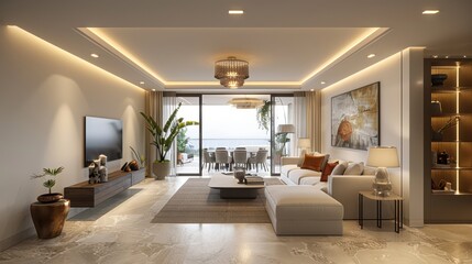 Fototapeta premium A large living room with a white couch, a white coffee table