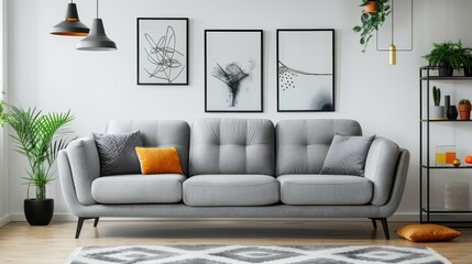 A living room with a gray couch and a black and white picture on the wall
