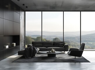 Fototapeta premium Modern interior of a living room with a black sofa, armchairs and coffee table near a window with a panoramic view of a valley