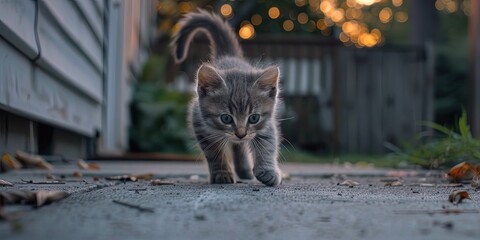 cute kitten plays outside