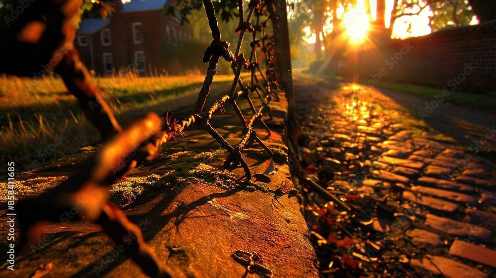 Poster close-up photo of chain fence illuminated by tree shadows on brick path