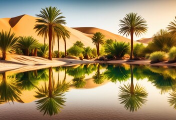 tranquil desert oasis scene lush palm trees reflecting clear water, tropical, serene, picturesque, idyllic, exotic, greenery, nature, landscape, paradise