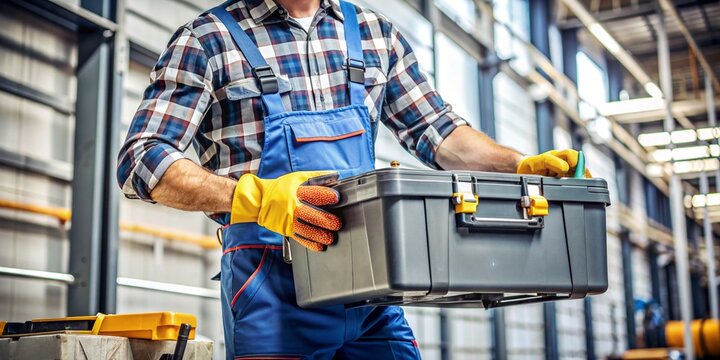 Smiling Construction Worker with Hard Hat and Tool Box - Perfect for Industrial and Construction Themes