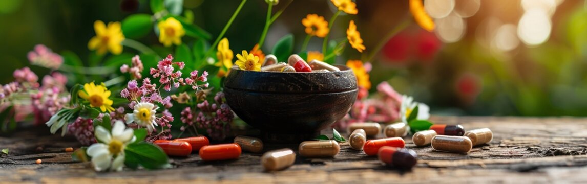 Wooden bowls filled with herbal supplement capsules, surrounded by fresh green leaves and flowers, showcasing natural wellness.