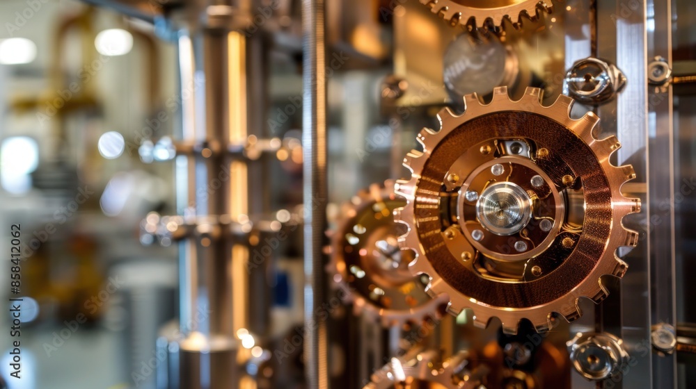 Poster a row of gears made of metal, some of which are gold. generate ai image