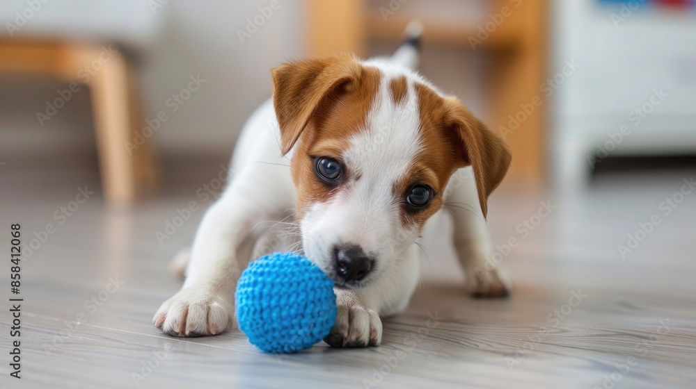 Sticker Adorable Jack Russell puppy playing with blue toy on floor