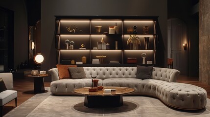 A living room with a large white couch and a coffee table
