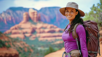 Sedona, Arizona hiking: 30 year old American beautiful woman hiking, brunette, with hat - friendly outdoor exploration adventure