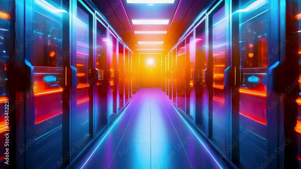 Poster a brightly lit server room corridor with glowing server racks, showcasing advanced technology infras